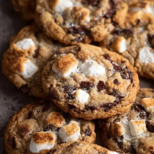 Freshly baked Chocolate Chip Marshmallow Cookies on a cooling rack.