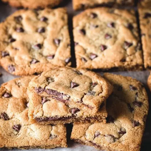 Freshly baked Chocolate Chip Pan Cookies in a square baking dish