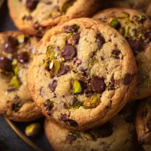 Freshly baked chocolate chip pistachio cookies on a cooling rack