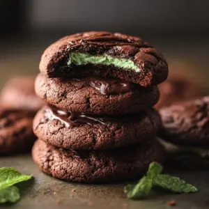 Plate of freshly baked Chocolate Mint Cookies with a chocolate drizzle