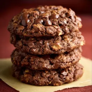 Freshly baked chocolate oatmeal cookies on a cooling rack
