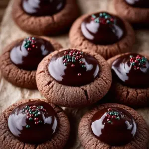 A plate of chocolate thumbprint cookies topped with jam