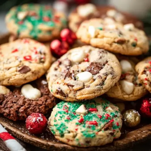 A variety of festive Christmas cookies on a decorated table