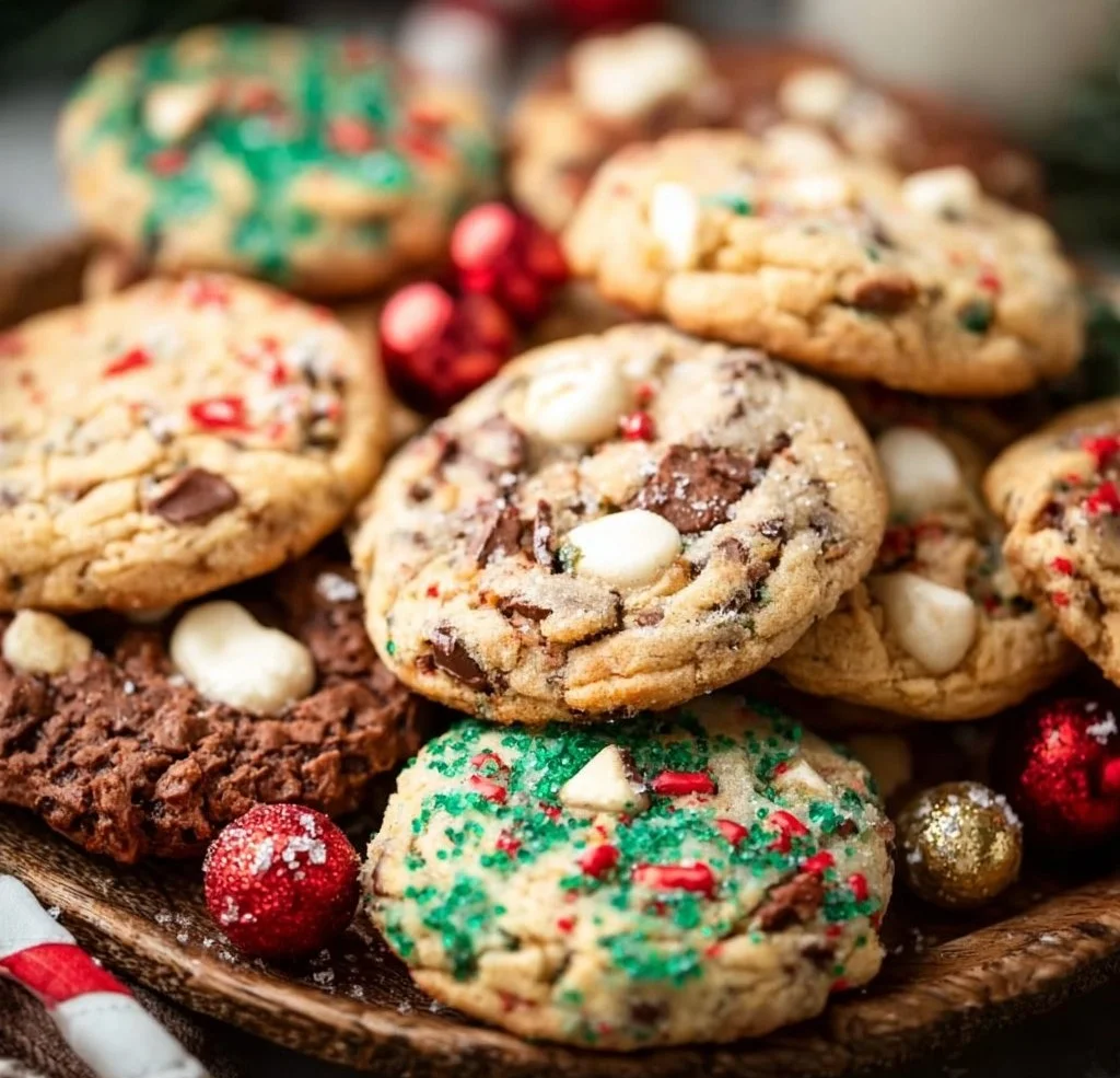 A variety of festive Christmas cookies on a decorated table