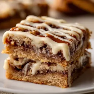 Delicious Cinnamon Roll Bliss Bars topped with icing and cinnamon.