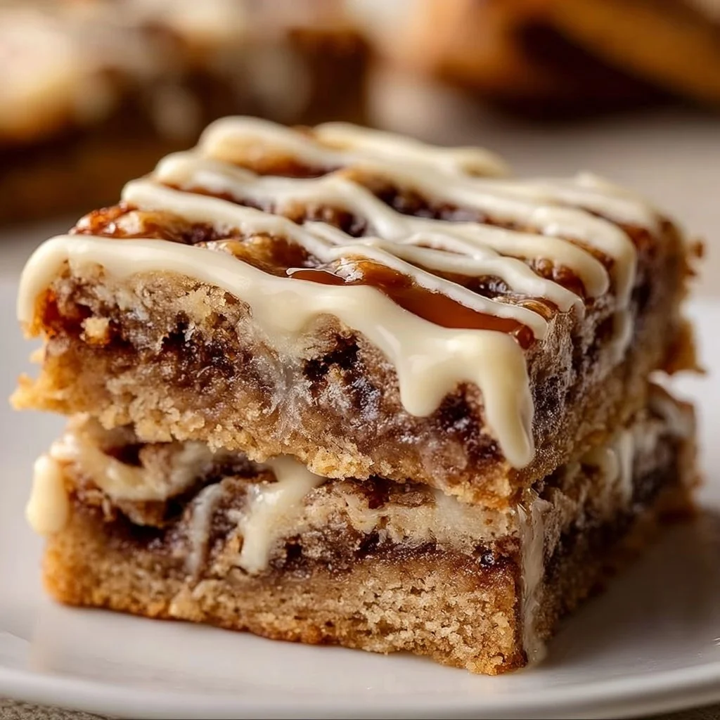 Delicious Cinnamon Roll Bliss Bars topped with icing and cinnamon.