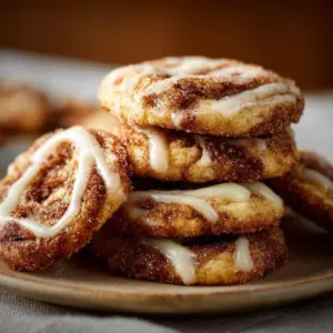 Cinnamon roll cheesecake cookies on a plate, drizzled with icing.