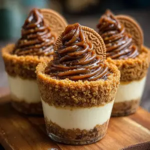 Delicious cookie butter cheesecake cups topped with cookie crumbs.