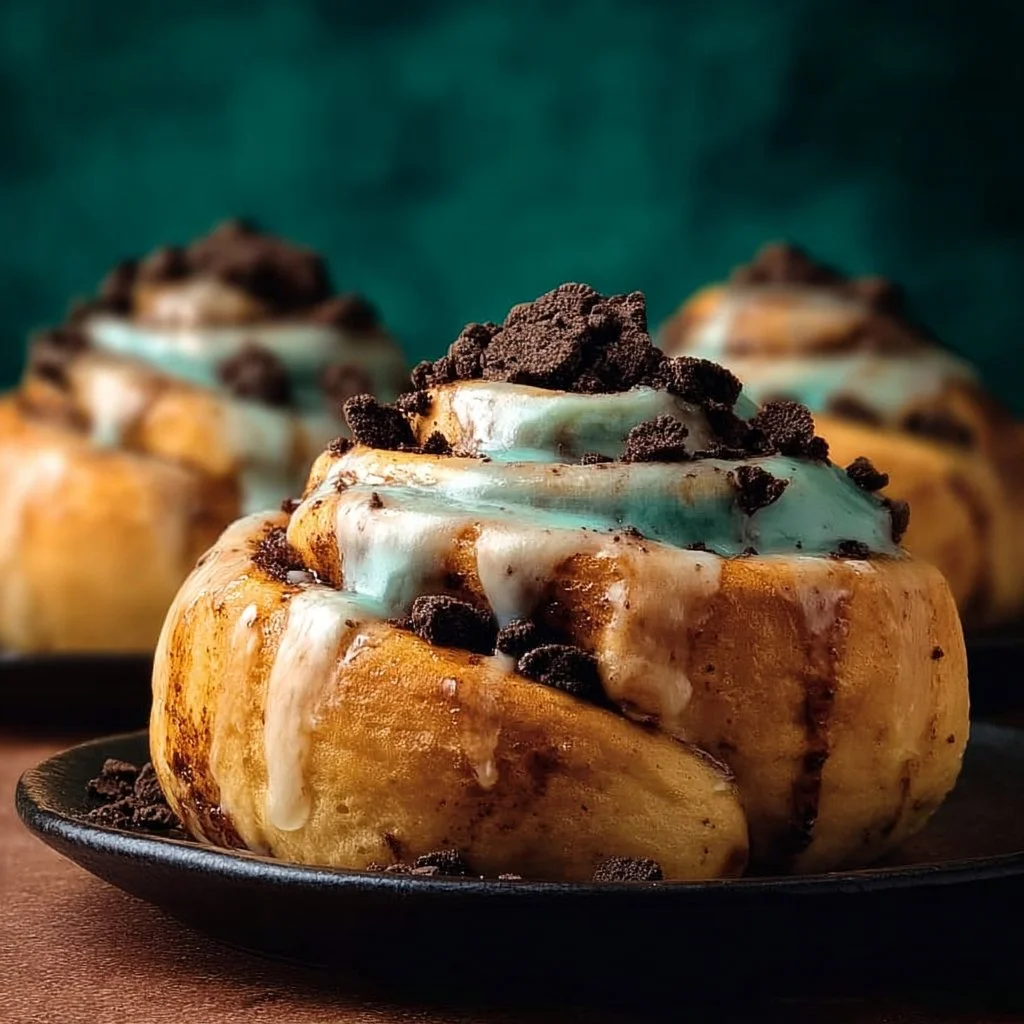 Delicious Cookie Monster Cinnamon Rolls topped with vibrant blue frosting and cookie pieces