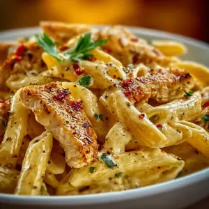 Creamy Crack Chicken Penne served in a bowl with herbs and cheese.