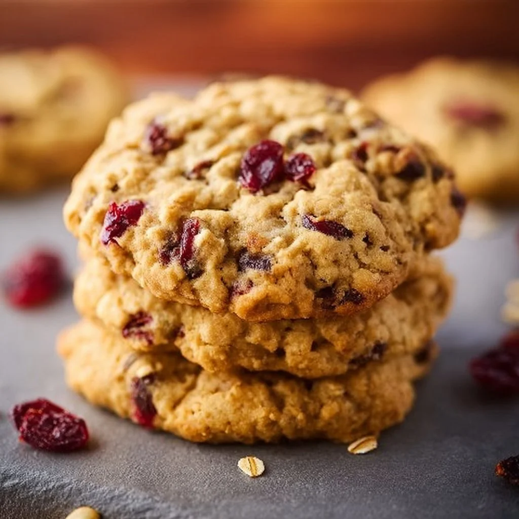 Freshly baked cranberry oatmeal cookies on a wooden table
