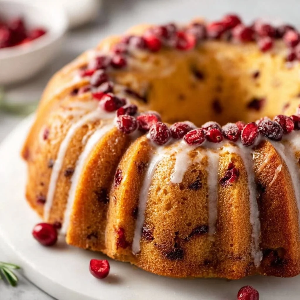 Cranberry Orange Bundt Cake freshly baked and presented on a lovely plate.