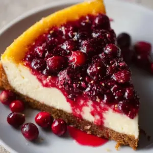Delicious Cranberry Orange Cheesecake topped with fresh cranberries and orange zest.