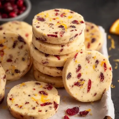 Cranberry Orange Shortbread cookies on a plate, decorated for the holidays