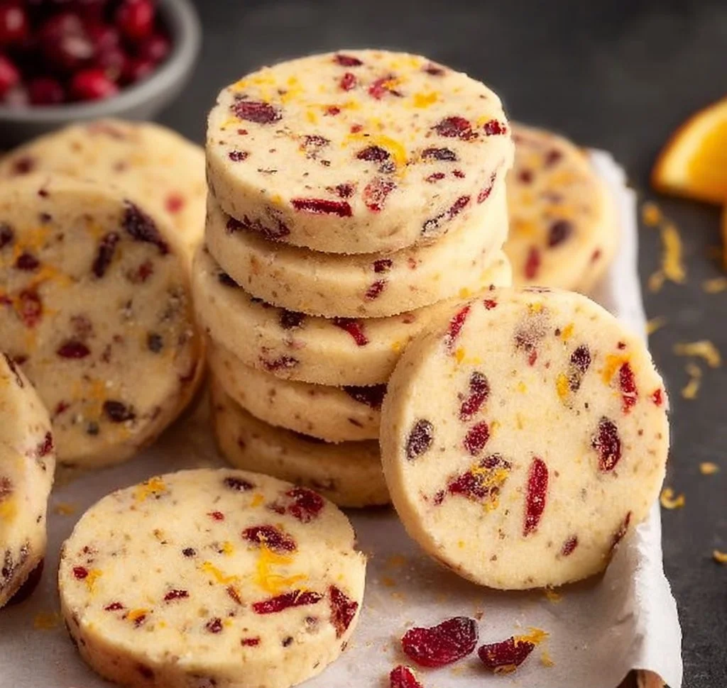 Cranberry Orange Shortbread cookies on a plate, decorated for the holidays