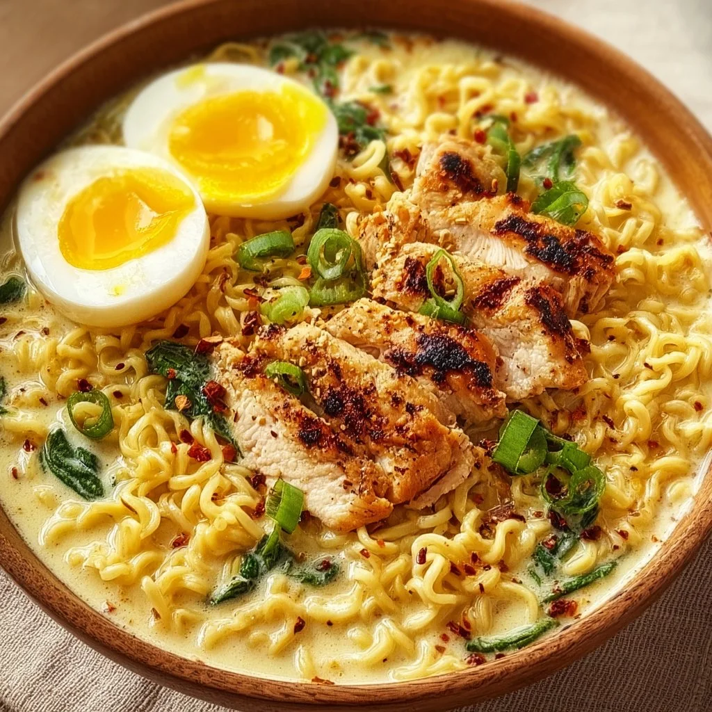 Bowl of creamy Garlic Chicken Ramen garnished with herbs and spices