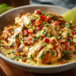 Delicious creamy Mexican chicken dish garnished with herbs and served with rice