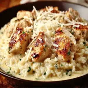 Creamy Parmesan Chicken Rice dish garnished with herbs.