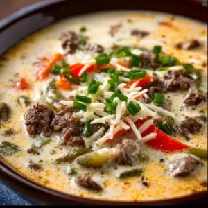 Bowl of creamy Philly Cheesesteak Soup topped with cheese and herbs