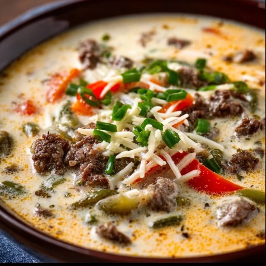 Bowl of creamy Philly Cheesesteak Soup topped with cheese and herbs