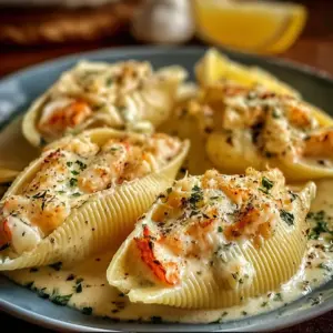 Creamy seafood stuffed shells filled with a rich seafood mixture