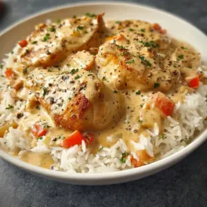 Creamy smothered chicken served over rice, garnished with herbs.