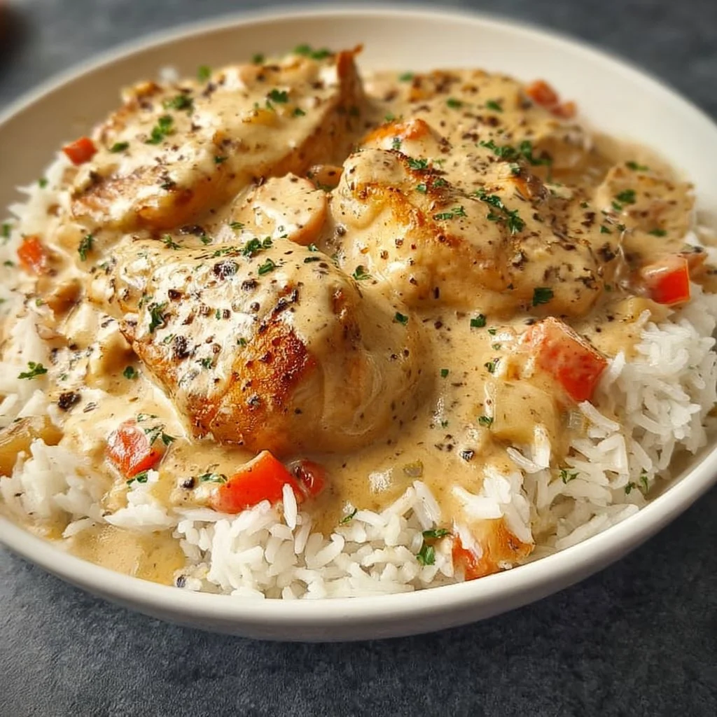 Creamy smothered chicken served over rice, garnished with herbs.