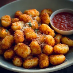 Crispiest air fryer gnocchi served in a bowl with herbs