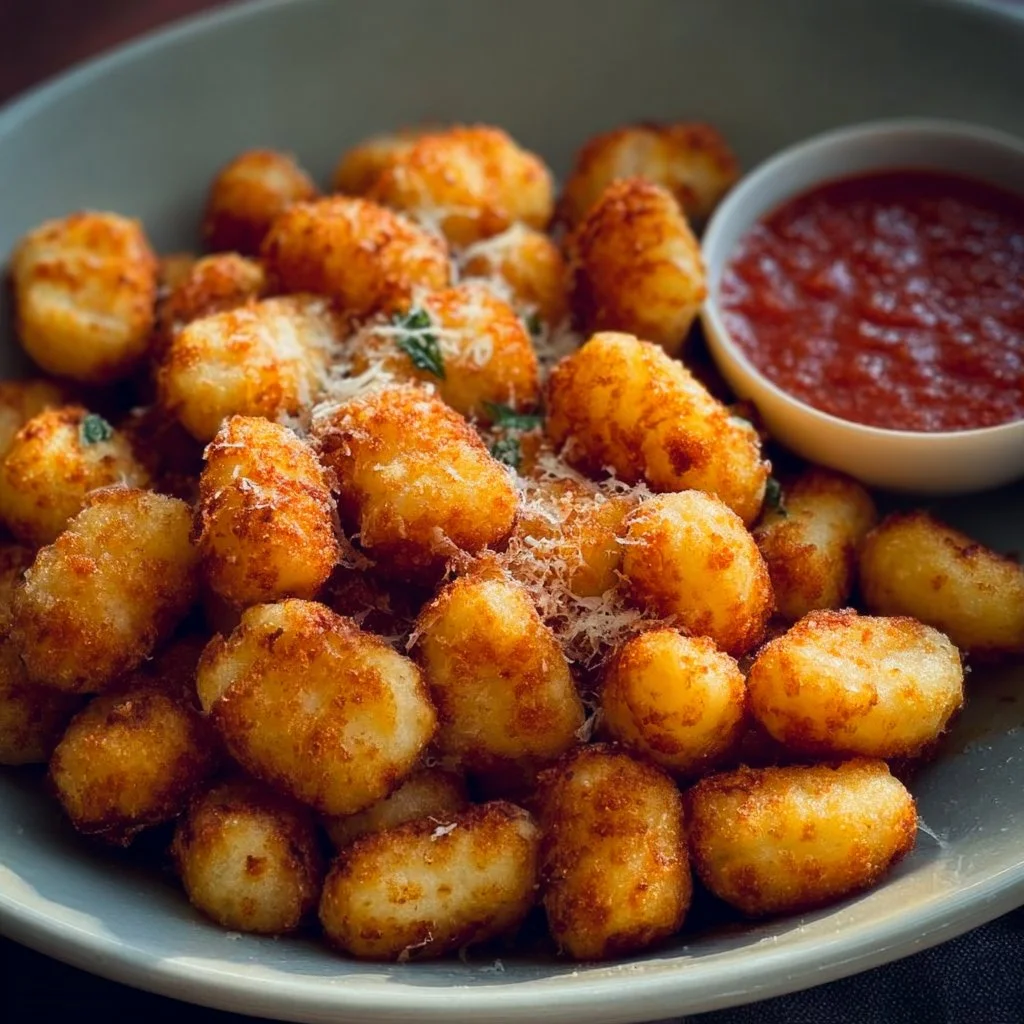 Crispiest air fryer gnocchi served in a bowl with herbs