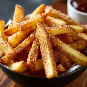 Crispy air fryer apple fries served on a plate with caramel dip