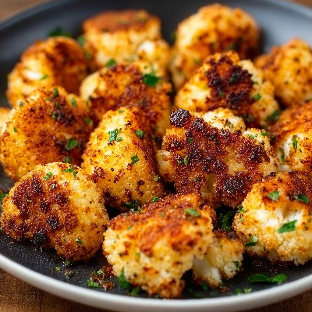 Crispy air fryer cauliflower bites on a plate, garnished with herbs.