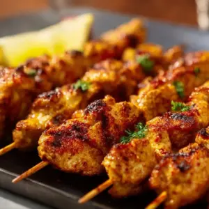 Crispy air fryer chicken skewers served on a plate for a delicious meal.
