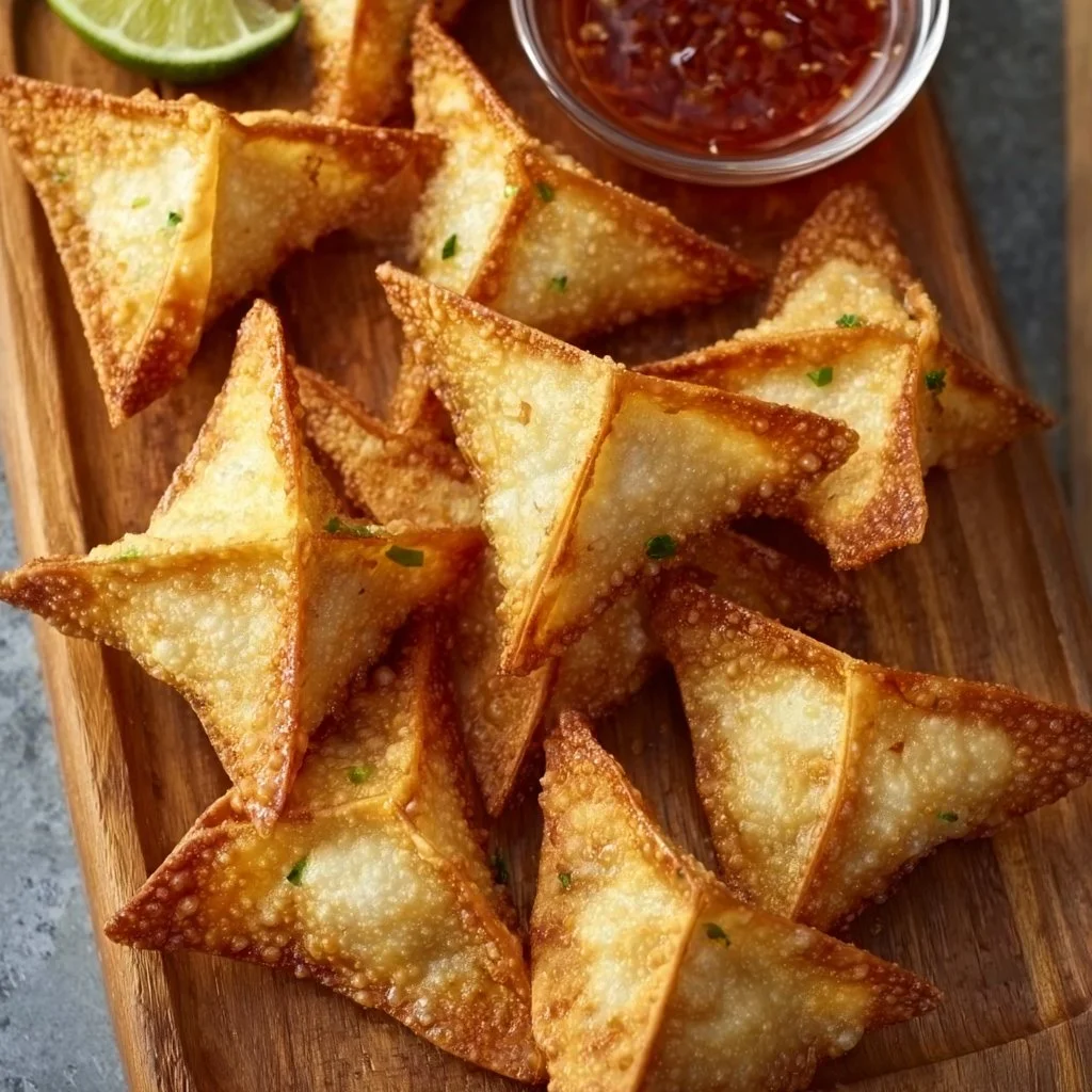 Crispy Air Fryer Crab Rangoon served with dipping sauce.
