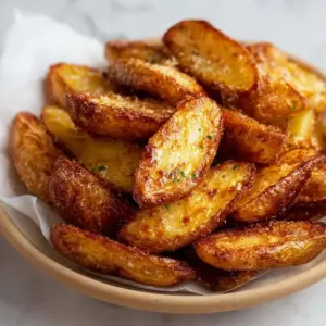 Plate of crispy air fryer fingerling potatoes served with herbs
