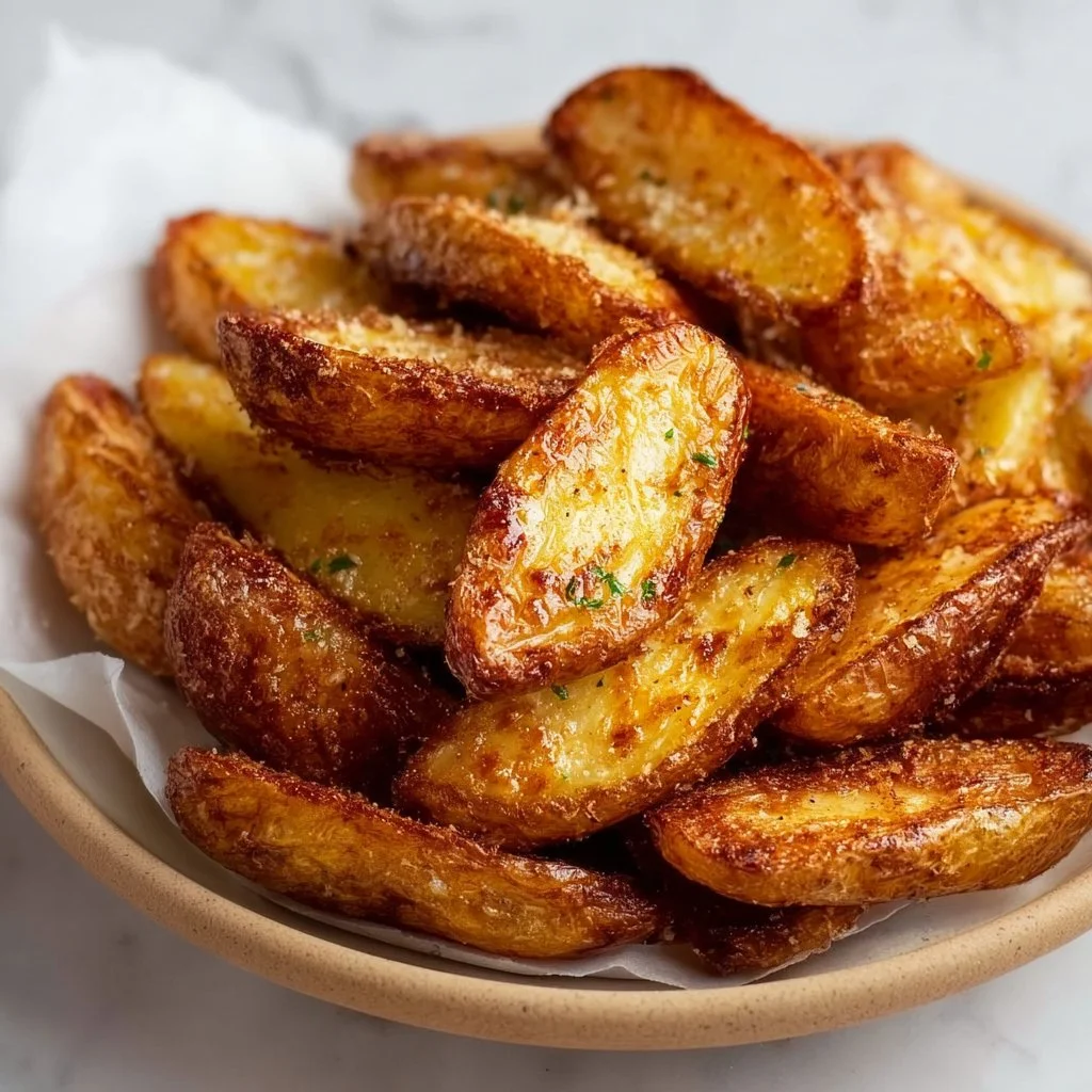 Plate of crispy air fryer fingerling potatoes served with herbs