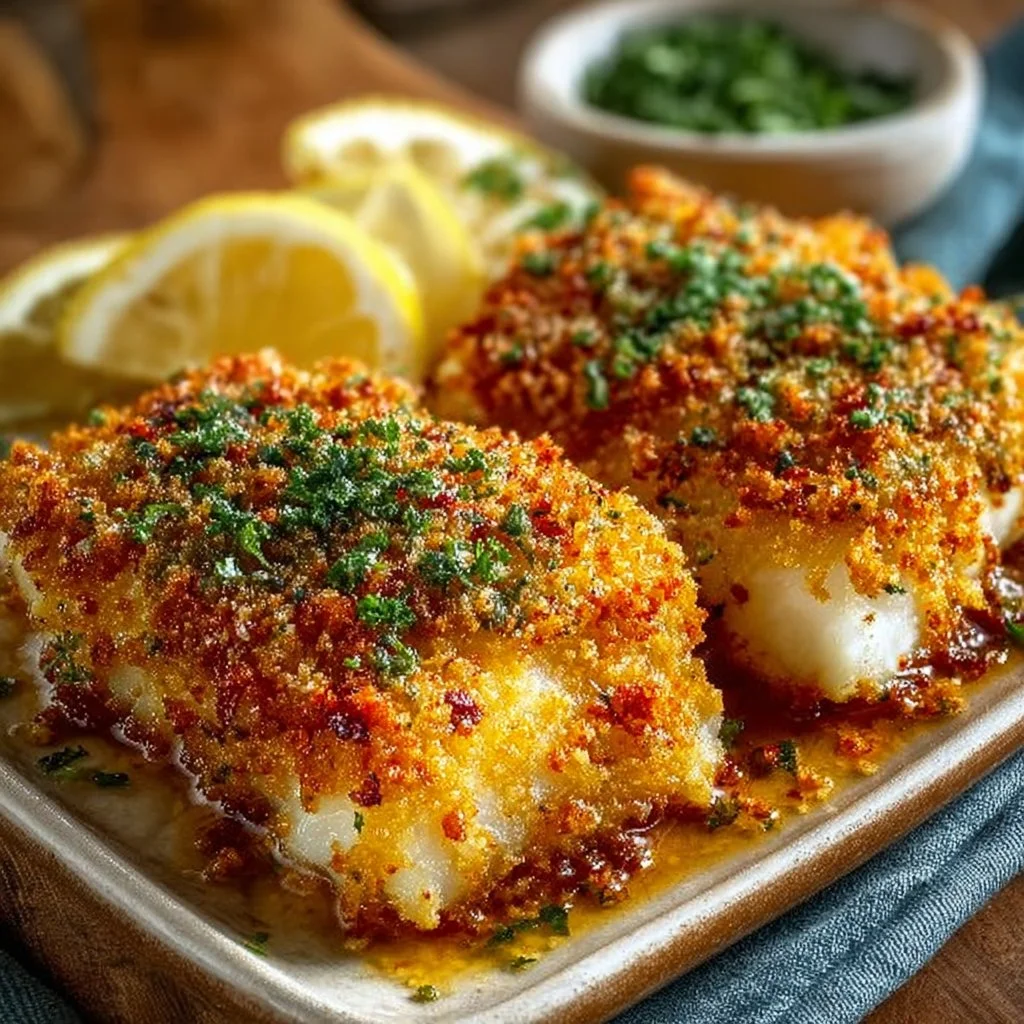 Crispy Air Fryer Parmesan Crusted Cod served with a lemon wedge