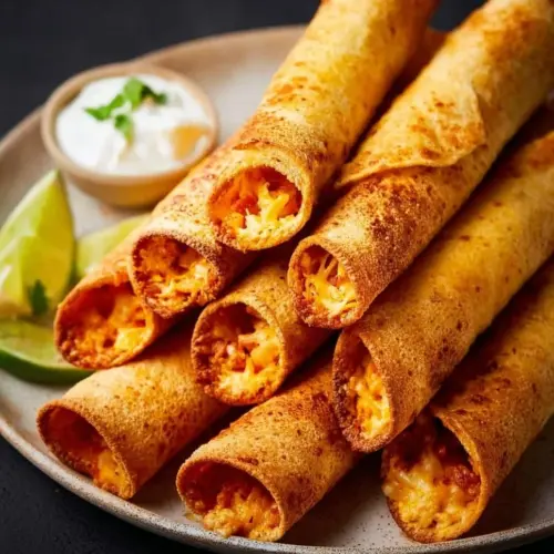 Crispy air fryer taquitos served on a plate, garnished with fresh herbs.