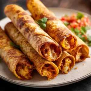 Crispy air fryer taquitos served with salsa and guacamole.