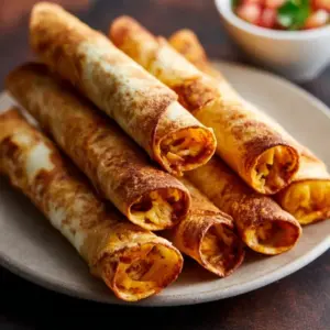 Crispy air fryer taquitos garnished with fresh toppings.