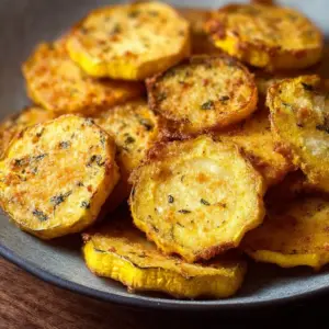 Crispy air fryer yellow squash served on a plate with seasonings.
