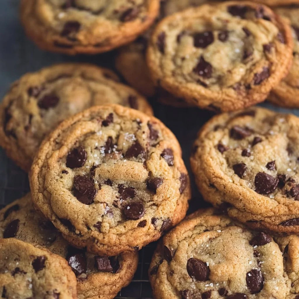 Plate of crispy and chewy homemade chocolate chip cookies