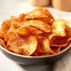 Crispy homemade BBQ chips on a plate with a dipping sauce