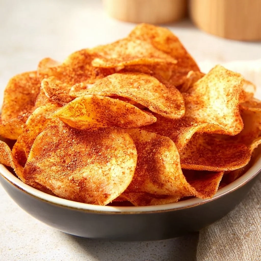 Crispy homemade BBQ chips on a plate with a dipping sauce