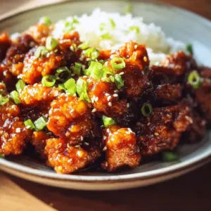 Plate of crispy orange chicken with vibrant orange sauce and garnish