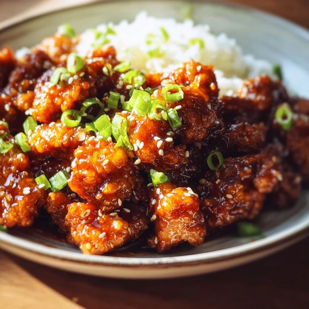 Plate of crispy orange chicken with vibrant orange sauce and garnish