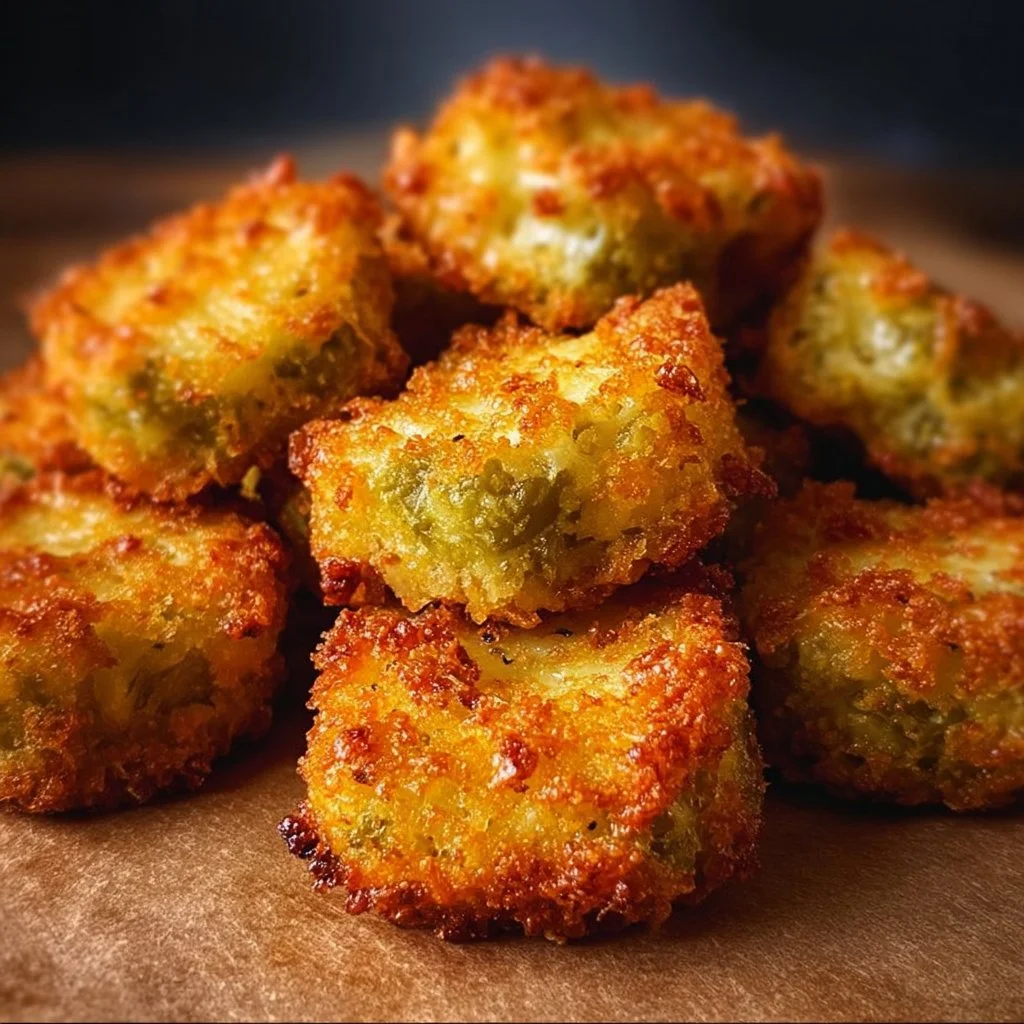 Crispy pickle cheese bites served with dipping sauce on a wooden platter