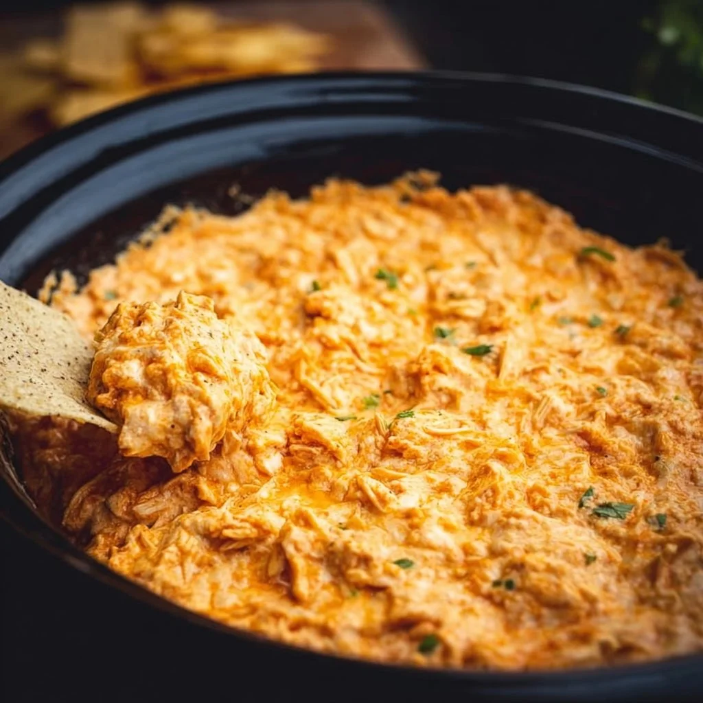 Delicious Crockpot Buffalo Chicken Dip served with tortilla chips