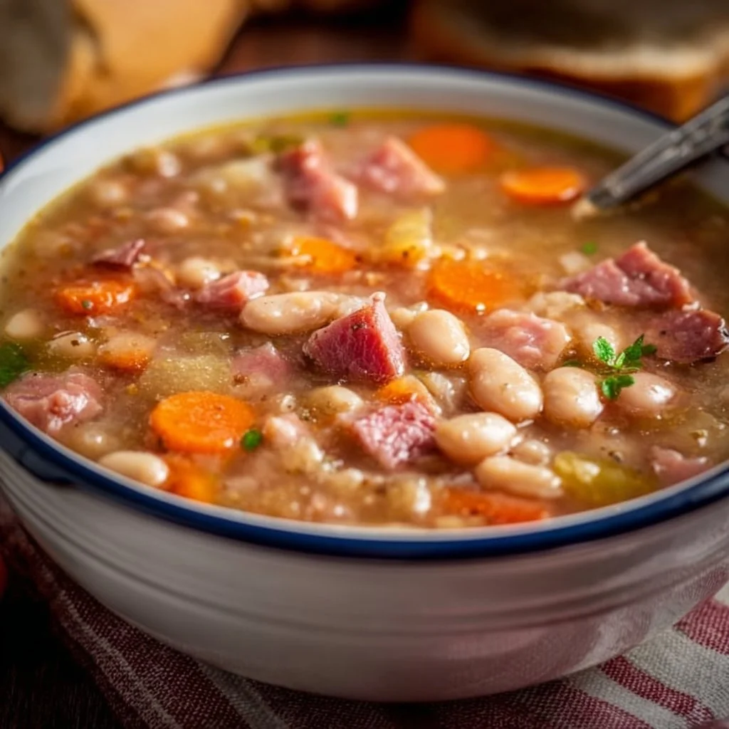 Crockpot ham and bean soup served in a bowl with herbs and bread