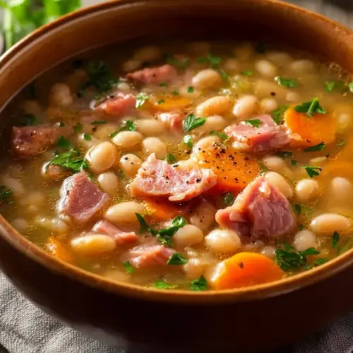 Bowl of Crockpot Ham and Bean Soup garnished with herbs