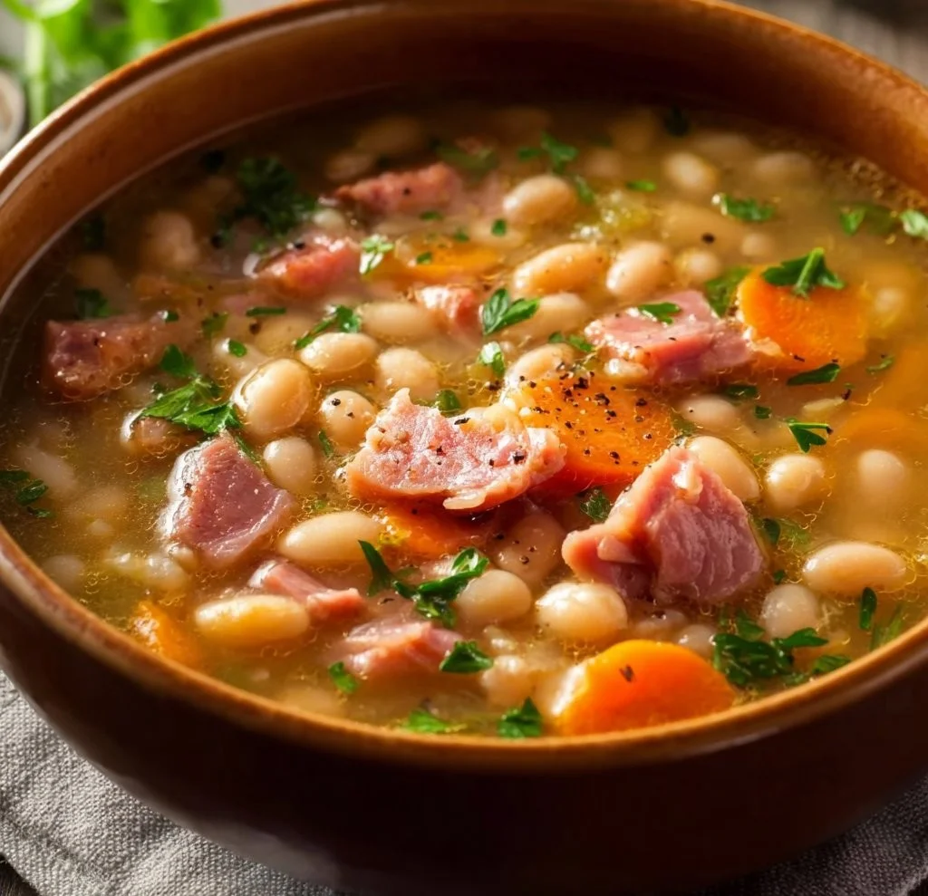 Bowl of Crockpot Ham and Bean Soup garnished with herbs